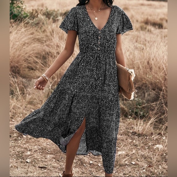 Fit and Flare Reverse Dalmatian Print Split Hem A-Line Dress Maxi S - Picture 7 of 7